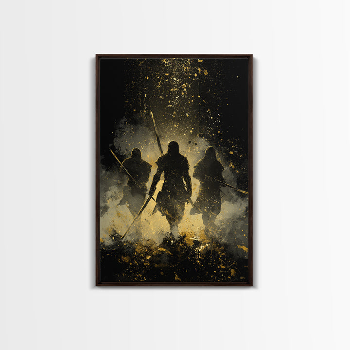 Viking Einherjar Canvas Gold Art Canvas Art – Nordic Mythology Warrior Spirits Wall Decor for Office or Man Cave, real wood frame