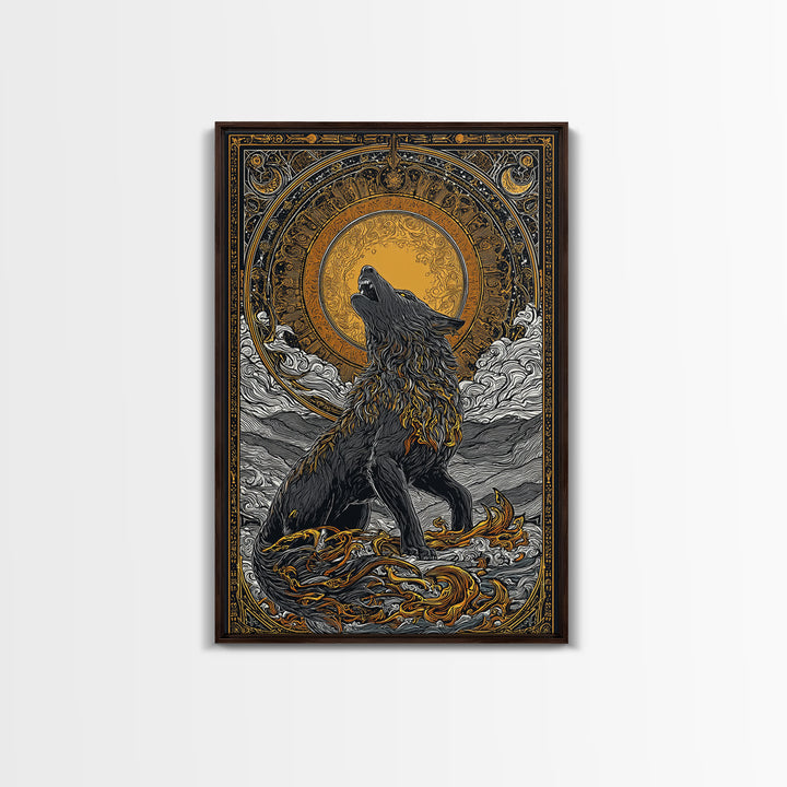 Fenrir Norse Wolf Myth Canvas Gold Art Canvas Art, Nordic Wall Decor with natural wood frame, Viking Man Cave Wall Hanging Office