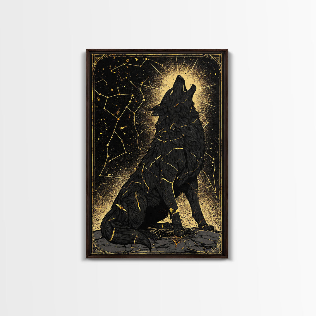 Fenrir Wolf Canvas Gold Art Canvas Art – Norse Mythology Wall Decor of Giant Wolf, Viking Office or Man Cave Gift, framed in wood