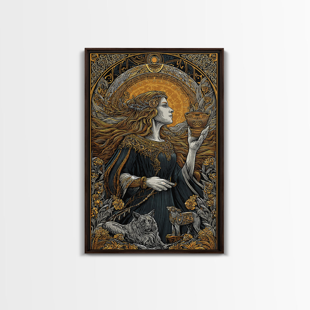 Norse Goddess Freyja Canvas Gold Art Canvas Art, Viking Wall Decor framed in natural wood, Nordic Office Art and Unique Gift for Him