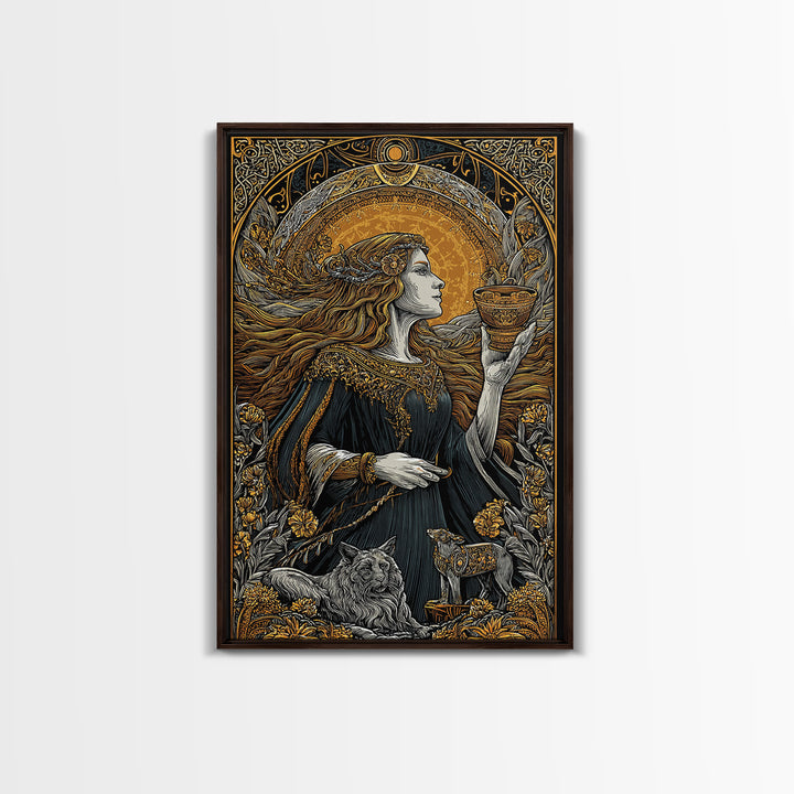 Norse Goddess Freyja Canvas Gold Art Canvas Art, Viking Wall Decor framed in natural wood, Nordic Office Art and Unique Gift for Him