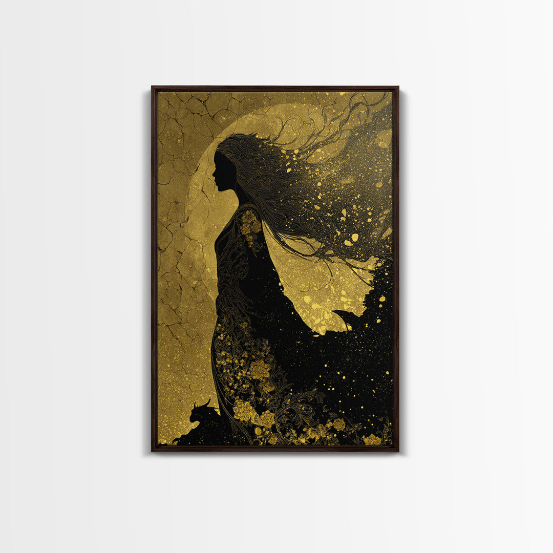 Freyja Norse Goddess Canvas Gold Art Canvas Art, Viking Mythology Wall Decor, framed in real wood, Elegant Office and Man Cave Gift