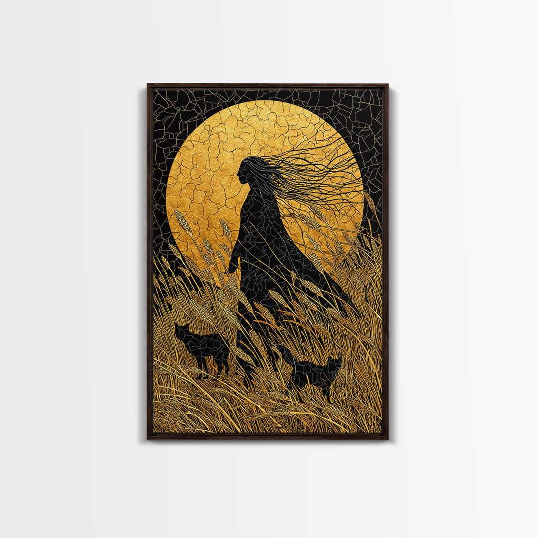 Frigg Norse Goddess Canvas Gold Art Canvas Art, Nordic Wall Decor framed in natural wood, Viking Mythology Wall Art for Office or Gift