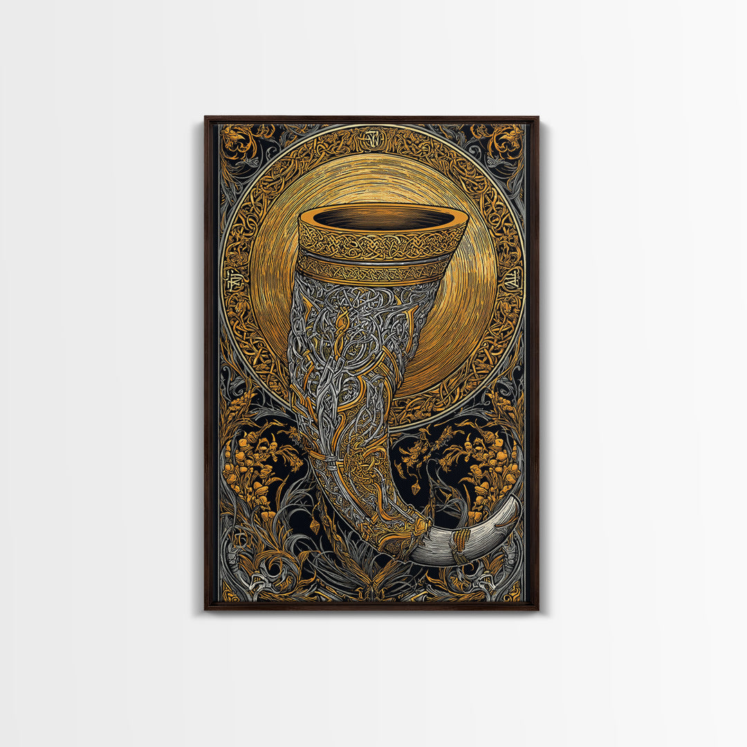 Viking Drinking Horn Wall Decor Gjallarhorn Canvas Gold Art Canvas Art Nordic Mythology Office Wall Art framed in natural wood
