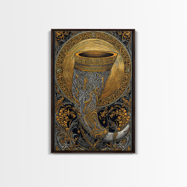 Viking Drinking Horn Wall Decor Gjallarhorn Canvas Gold Art Canvas Art Nordic Mythology Office Wall Art framed in natural wood