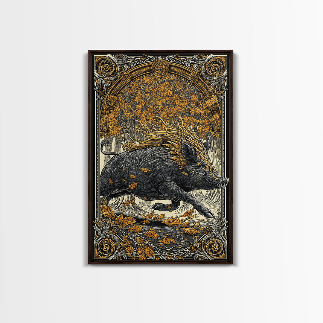 Norse Boar Gullinbursti Canvas Gold Art Canvas Art Viking Wall Decor Nordic Mythology Gift Dad Office Art framed in solid wood