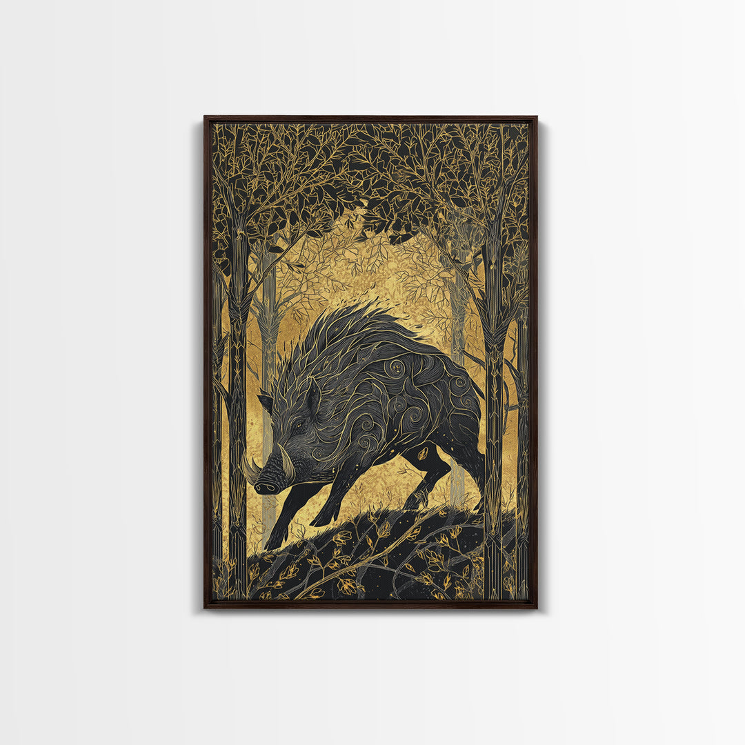 Gullinbursti Boar Norse Mythology Print Canvas Gold Art Canvas Art Nordic Wall Decor Viking Man Cave Art with real wood frame