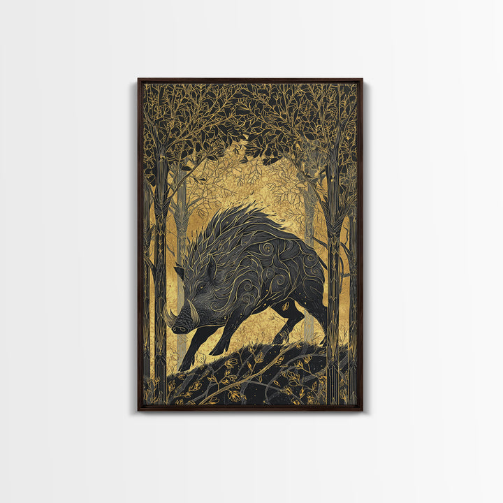 Gullinbursti Boar Norse Mythology Print Canvas Gold Art Canvas Art Nordic Wall Decor Viking Man Cave Art with real wood frame