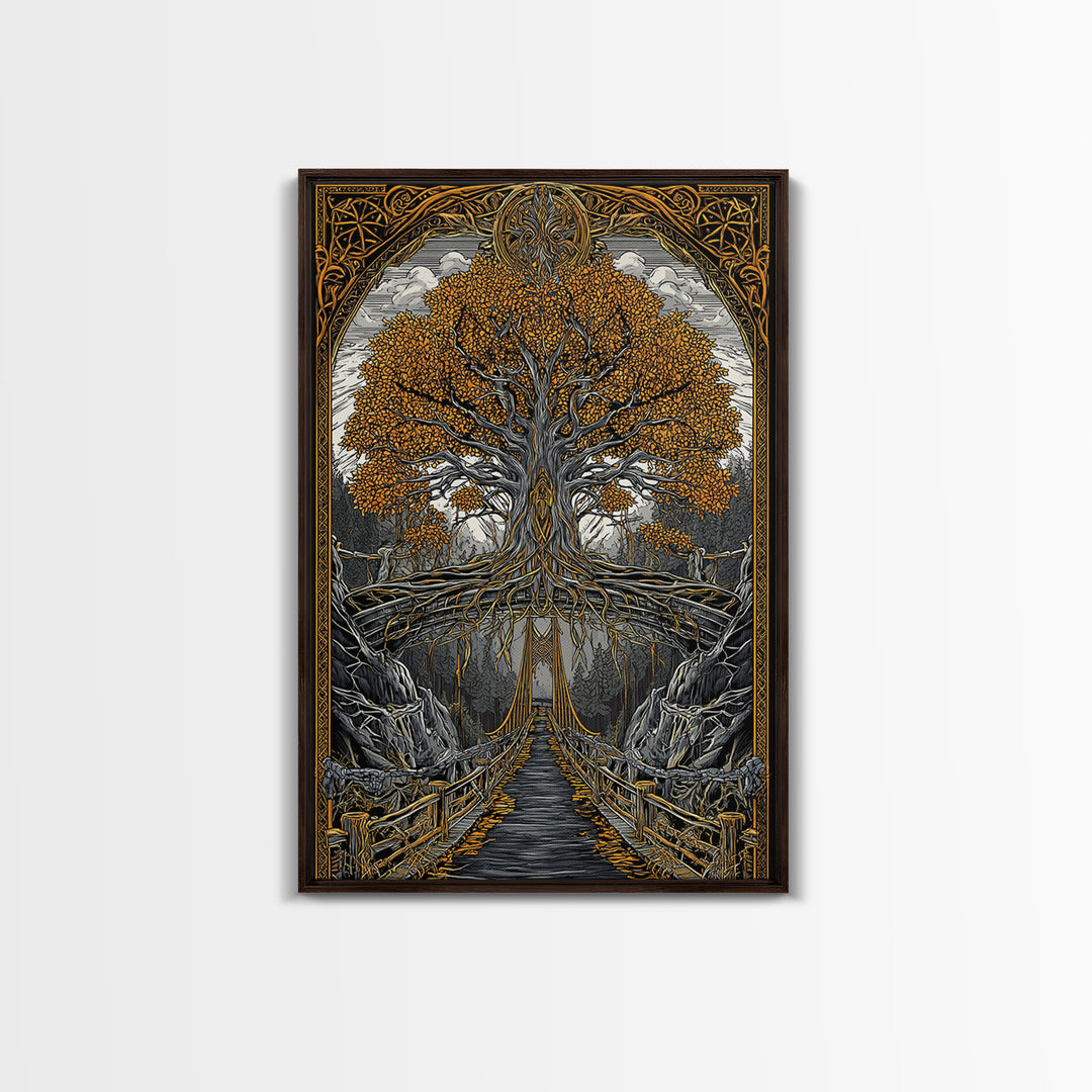 Nordic Helheim Bridge Mythology Print Canvas Gold Art Canvas Art Viking Wall Decor for Men Office or Dad Gift framed in wood