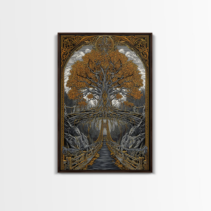 Nordic Helheim Bridge Mythology Print Canvas Gold Art Canvas Art Viking Wall Decor for Men Office or Dad Gift framed in wood