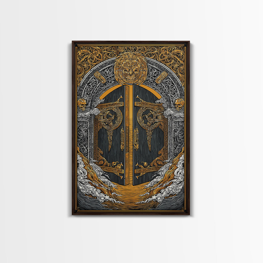 Helheim Norse Realm of the Dead Canvas Gold Art Canvas Art Viking Mythology Wall Art Office Decor Man Cave framed in wood trim