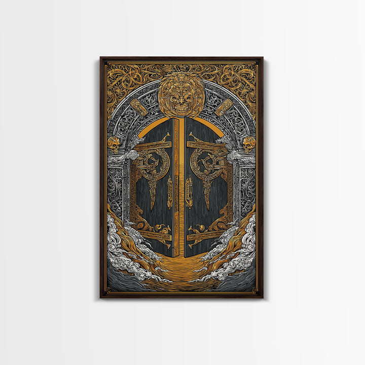Helheim Norse Realm of the Dead Canvas Gold Art Canvas Art Viking Mythology Wall Art Office Decor Man Cave framed in wood trim