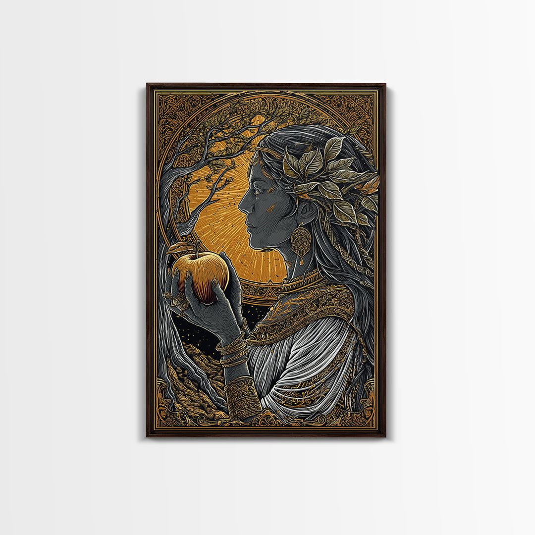 Idunn Goddess of Youth Norse Mythology Canvas Gold Art Canvas Art Nordic Wall Decor Office Art Dad Gift framed in natural wood