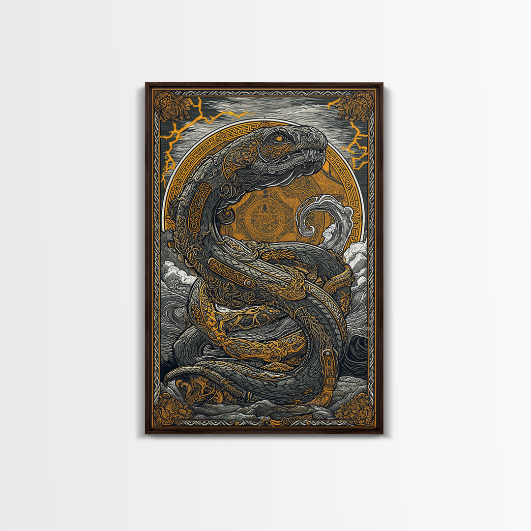 Norse Jrmungandr Canvas Gold Art Canvas Art | Viking Serpent Wall Decor | Mythology Office Art framed in natural wood