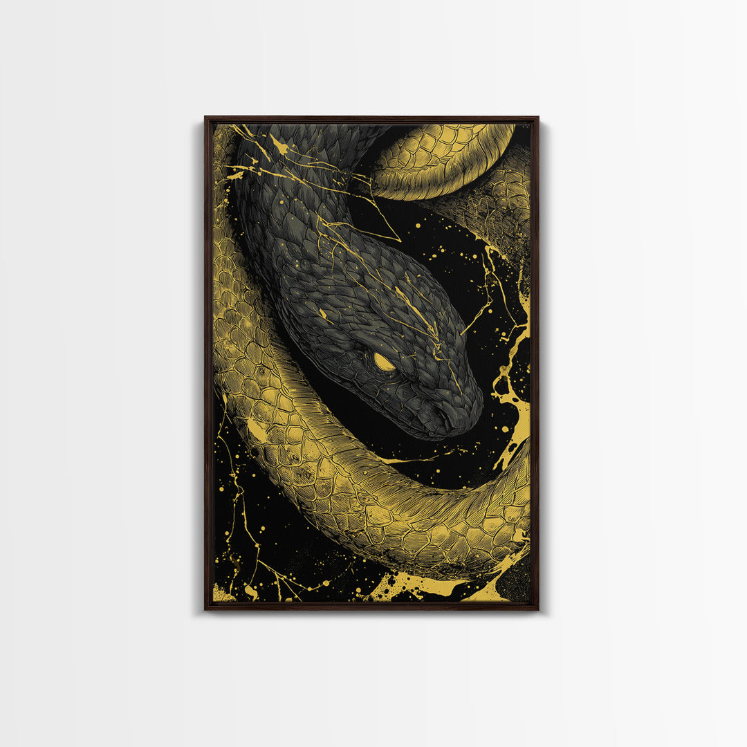 Canvas Gold Art Jrmungandr Midgard Serpent Canvas Art | Norse Wall Decor | Viking Office Art with real wood frame
