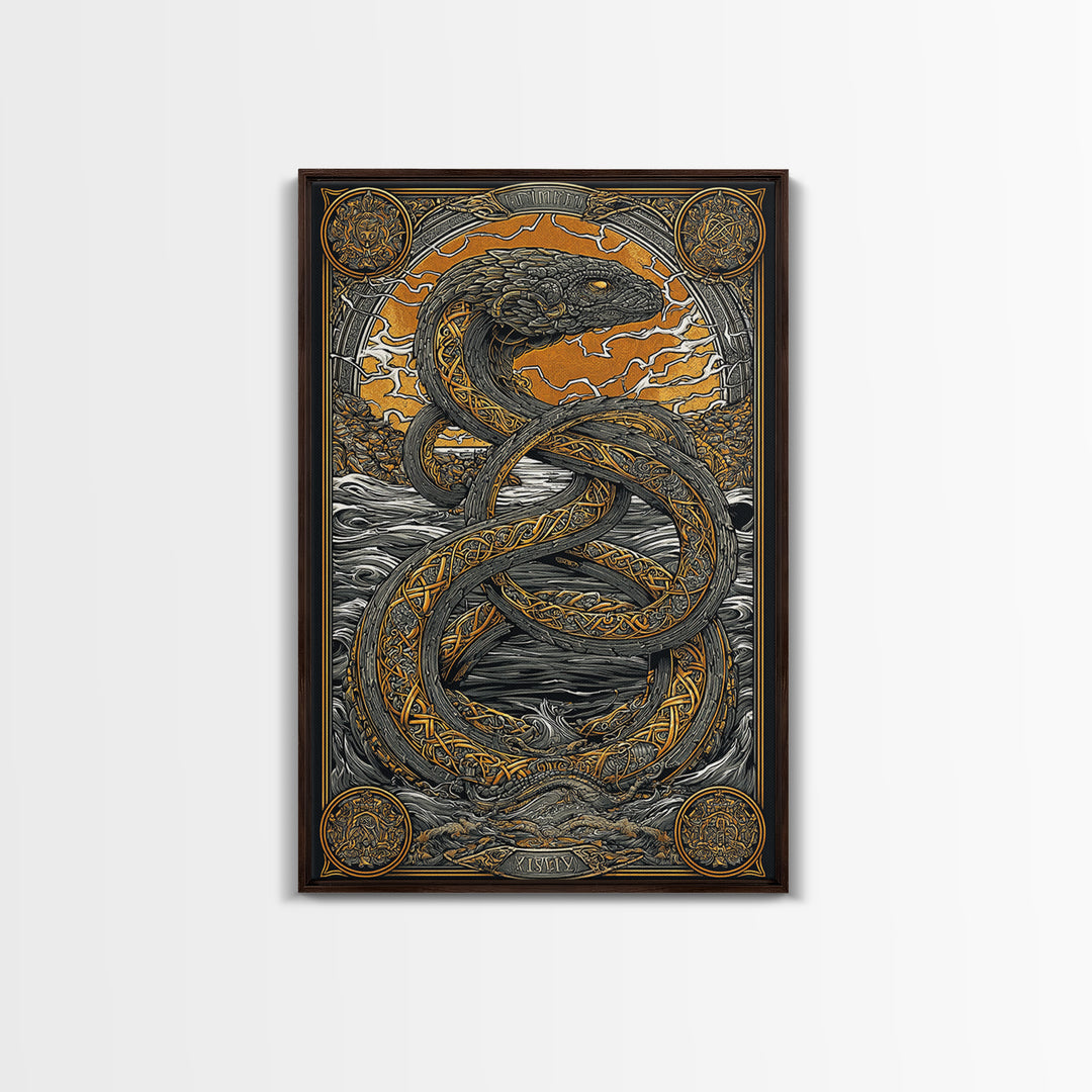 Nordic Mythology Jrmungandr Serpent Canvas Gold Art Canvas Art | Viking Decor | Man Cave Gift framed in rustic wood