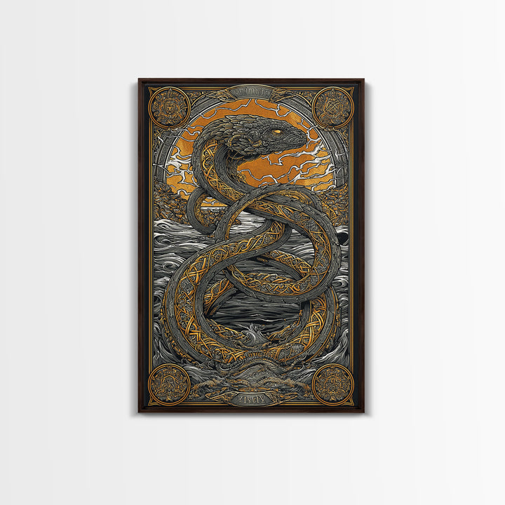 Nordic Mythology Jrmungandr Serpent Canvas Gold Art Canvas Art | Viking Decor | Man Cave Gift framed in rustic wood