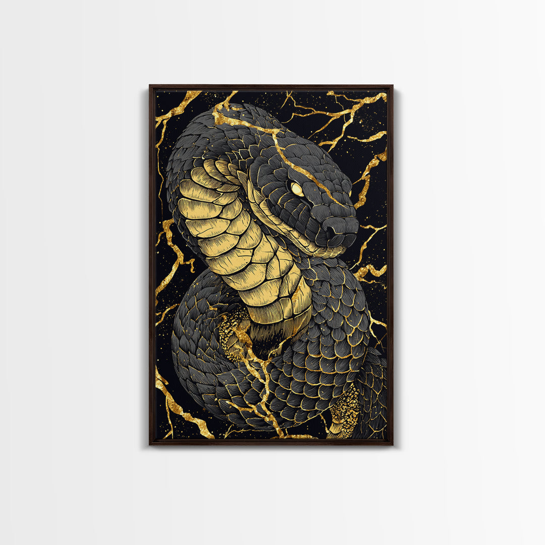 Jormungandr Midgard Serpent Canvas Gold Art Canvas Art Viking Mythology Wall Decor Nordic Office Man Cave Gift with wood frame