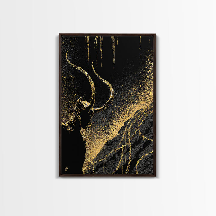 Loki Bound Canvas Gold Art Canvas Art | Norse Trickster God Wall Decor | Viking Mythology Man Cave framed in wood