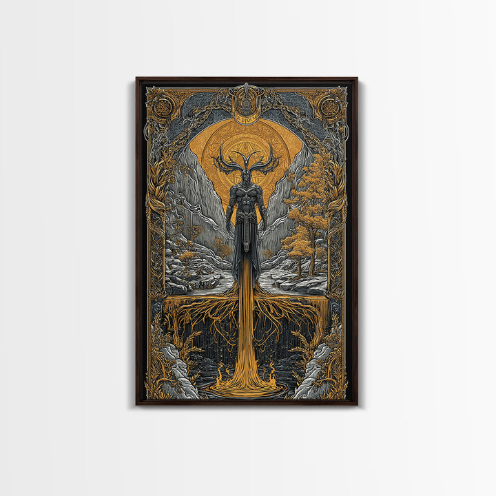 Nordic Loki Canvas Gold Art Canvas Art | Viking God of Mischief Wall Decor | Norse Office Art Gift in real wood frame