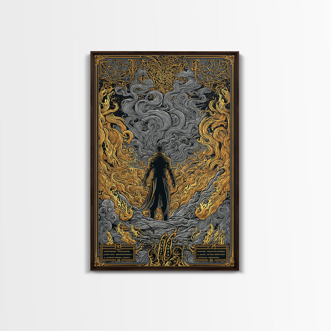 Canvas Gold Art Loki Norse God Canvas Art | Viking Wall Decor | Nordic Mythology Office Art Gift in natural wood frame