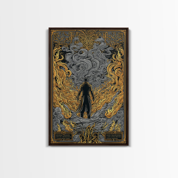 Canvas Gold Art Loki Norse God Canvas Art | Viking Wall Decor | Nordic Mythology Office Art Gift in natural wood frame