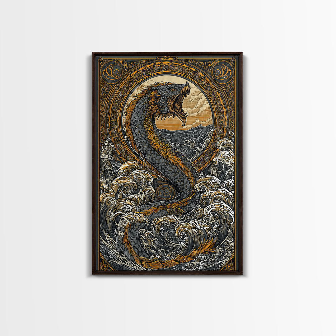 Midgard Norse Landscape Canvas Gold Art Canvas Art | Viking World Tree Inspired Decor | Mythology Office Art framed wood