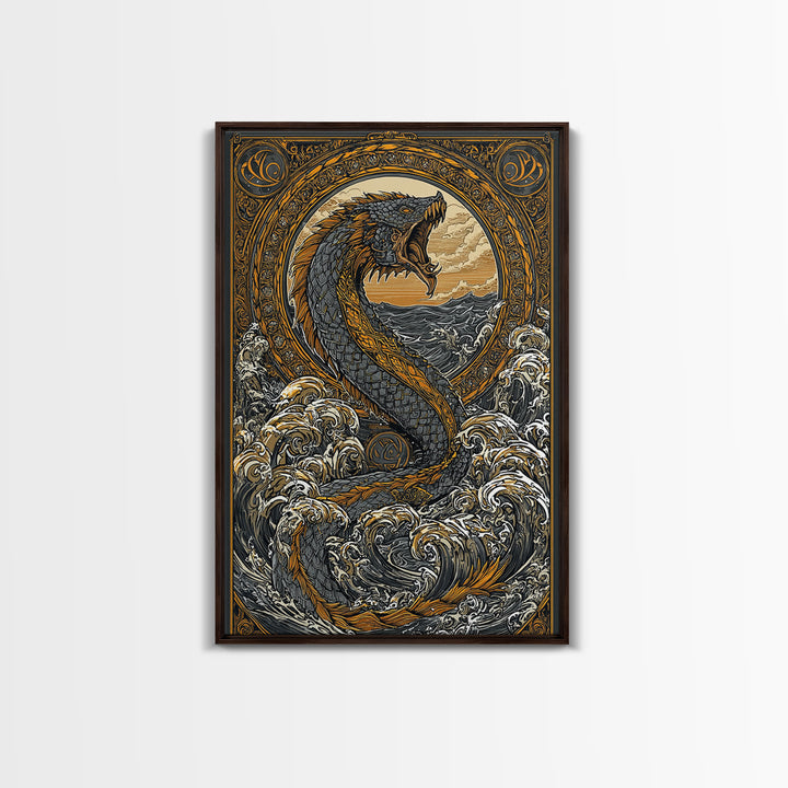 Midgard Norse Landscape Canvas Gold Art Canvas Art | Viking World Tree Inspired Decor | Mythology Office Art framed wood
