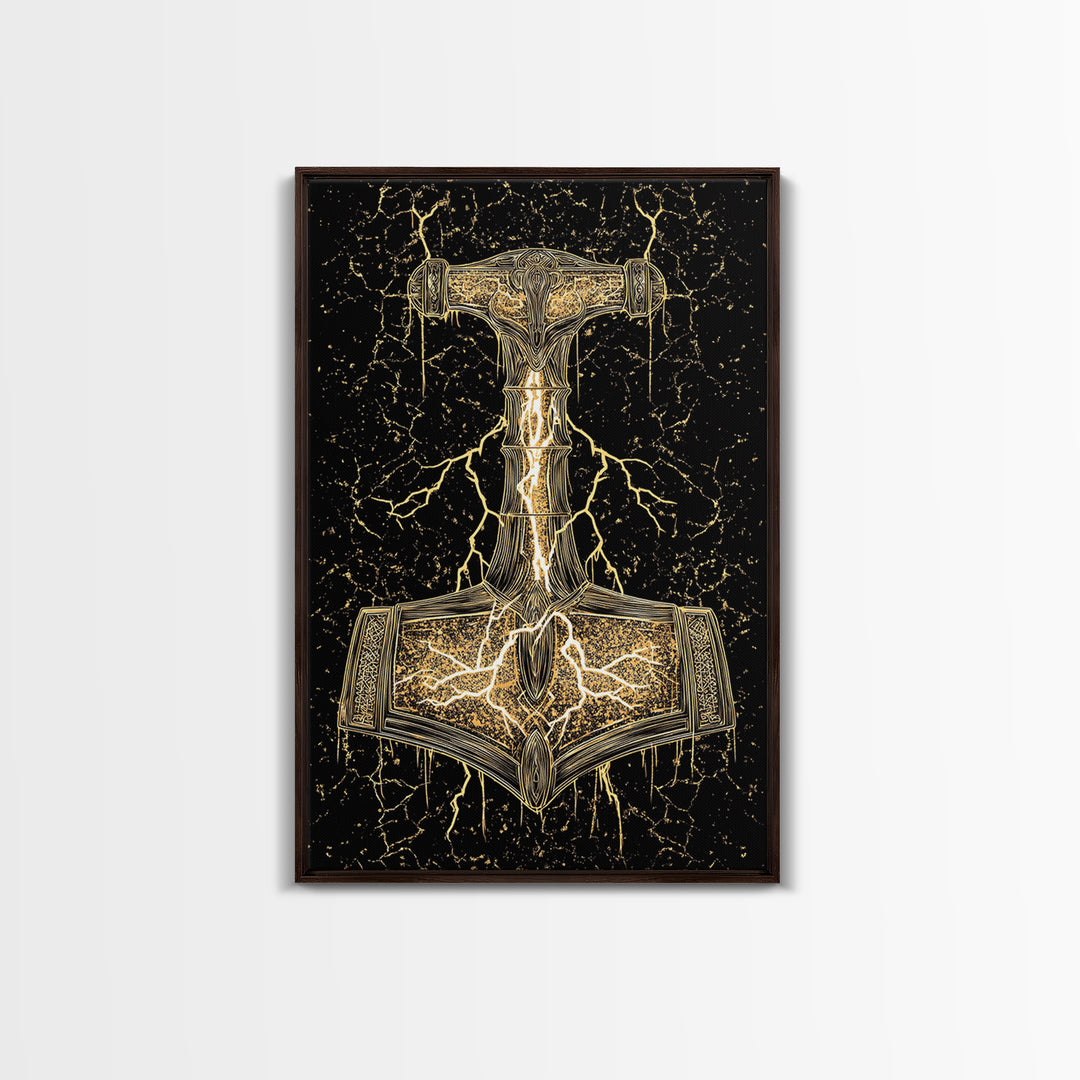 Thor’s Hammer Mjolnir Norse Mythology Canvas Gold Art, Viking Canvas Art with Lightning, framed in natural real wood for office décor