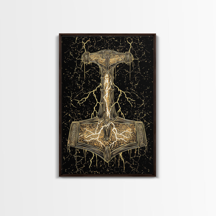 Thor’s Hammer Mjolnir Norse Mythology Canvas Gold Art, Viking Canvas Art with Lightning, framed in natural real wood for office décor