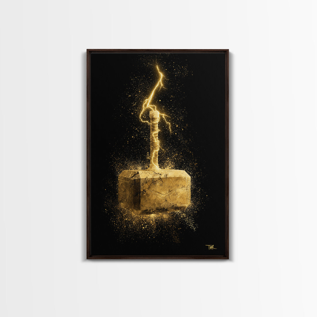 Canvas Gold Art of Thor’s Hammer Mjolnir, Norse Mythology inspired Canvas Art, Viking Man Cave wall décor with real wood framing