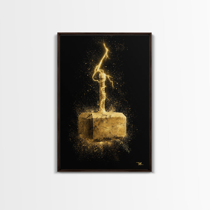 Canvas Gold Art of Thor’s Hammer Mjolnir, Norse Mythology inspired Canvas Art, Viking Man Cave wall décor with real wood framing