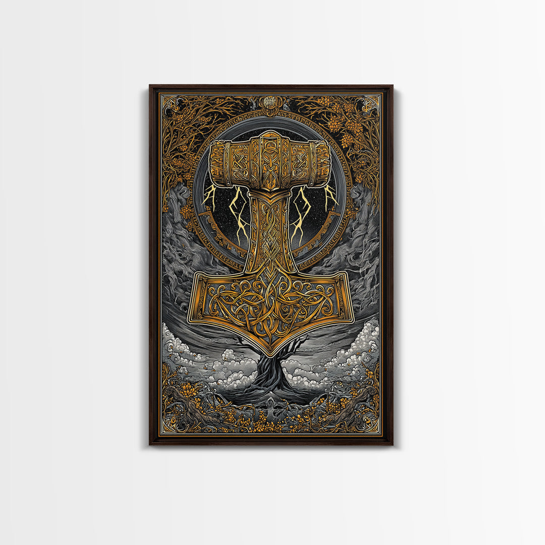 Norse Mythology Mjolnir Hammer Artwork, Canvas Gold Art and Viking Canvas Art, framed in real wood, Nordic office and dad gift décor