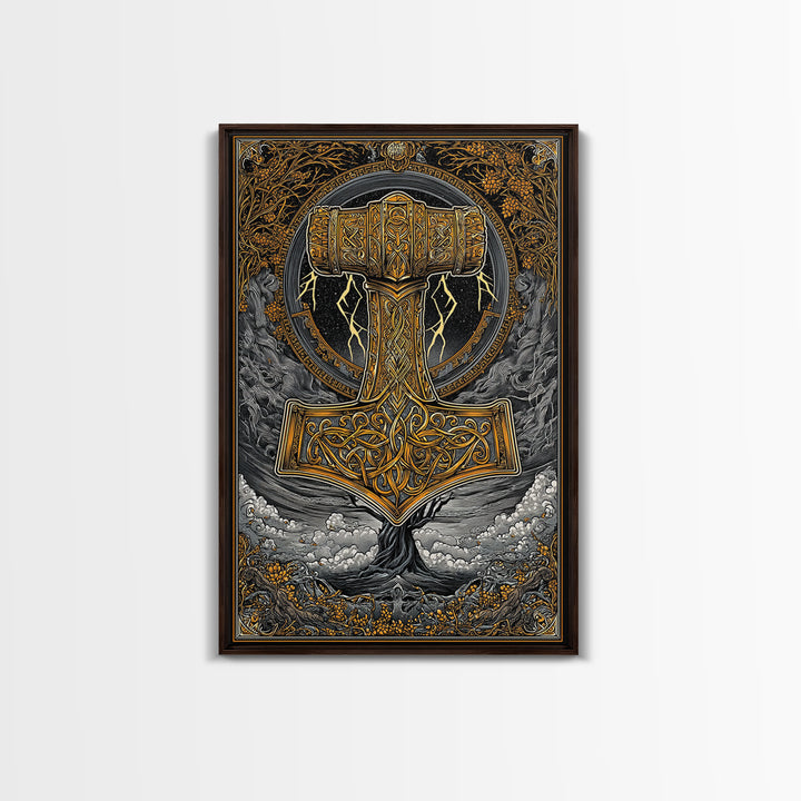 Norse Mythology Mjolnir Hammer Artwork, Canvas Gold Art and Viking Canvas Art, framed in real wood, Nordic office and dad gift décor