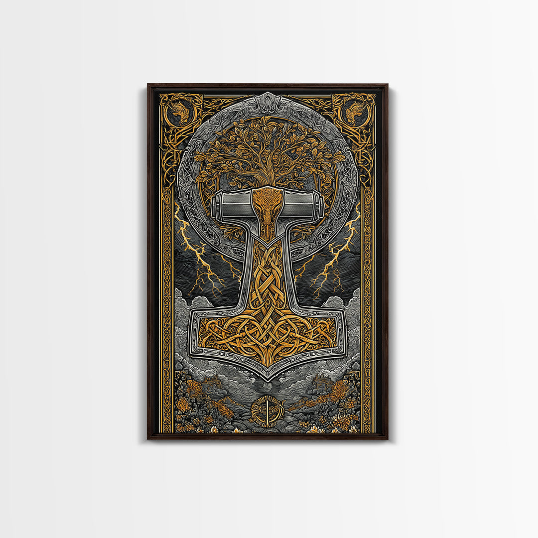 Canvas Gold Art featuring Mjolnir, Thor’s Hammer of Norse Mythology, Viking Canvas Art framed in natural wood for man cave or office