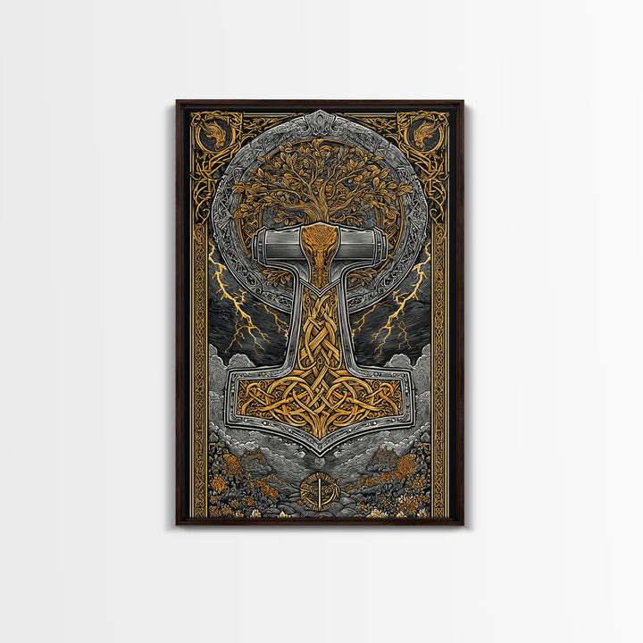Canvas Gold Art featuring Mjolnir, Thor’s Hammer of Norse Mythology, Viking Canvas Art framed in natural wood for man cave or office