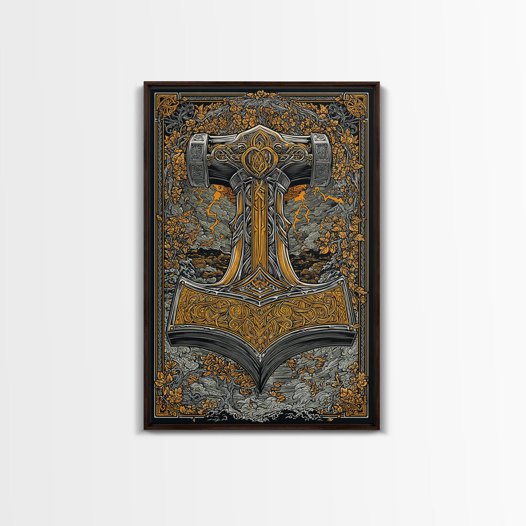 Norse Viking Wall Art of Mjolnir Hammer, Canvas Gold Art and Canvas Art, mythology-inspired décor framed in real wood for dad gift