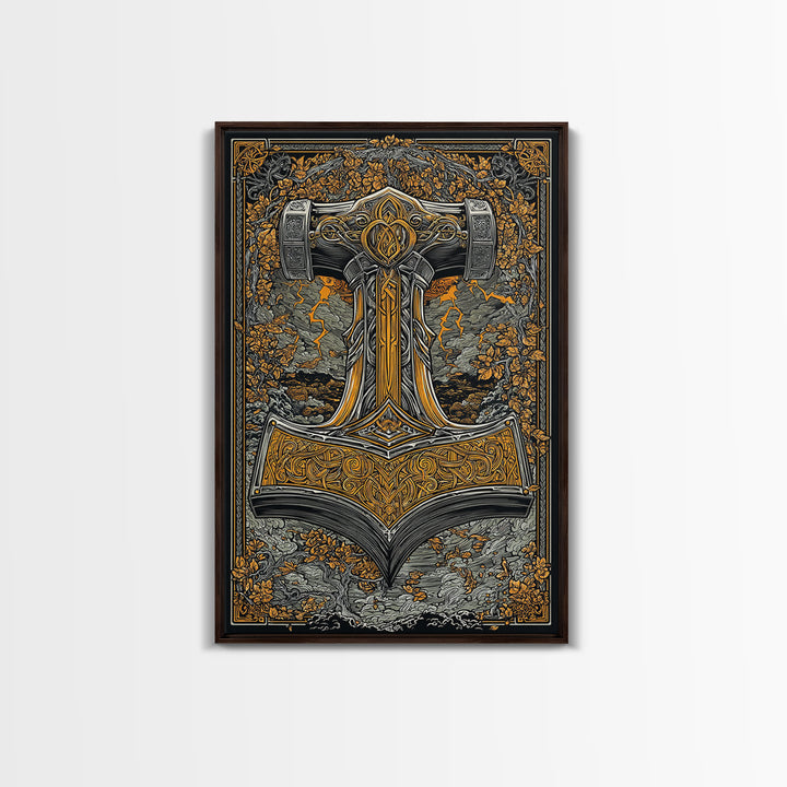 Norse Viking Wall Art of Mjolnir Hammer, Canvas Gold Art and Canvas Art, mythology-inspired décor framed in real wood for dad gift