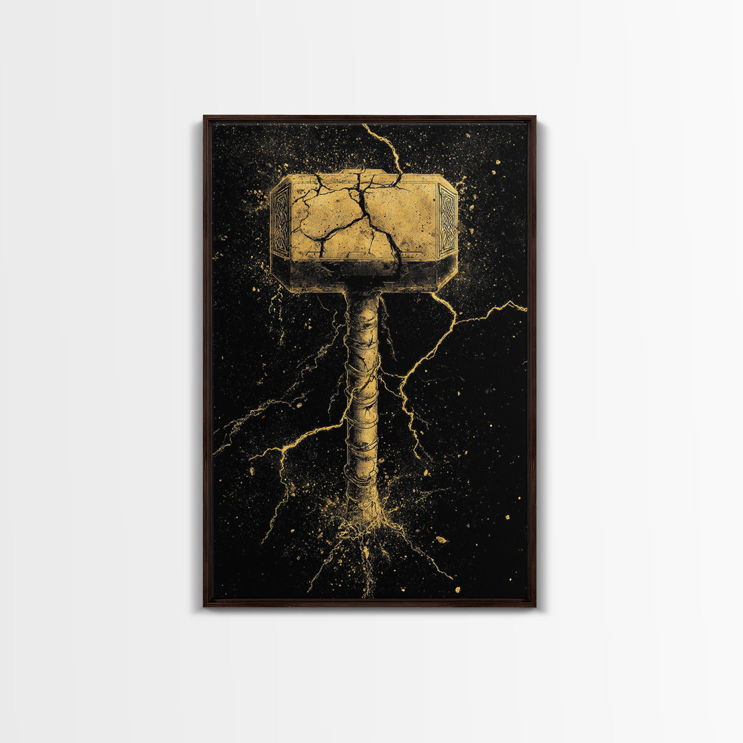 Thor’s Mjolnir Canvas Gold Art, Viking Canvas Art from Norse Mythology, framed in real wood, striking office wall art and man cave gift