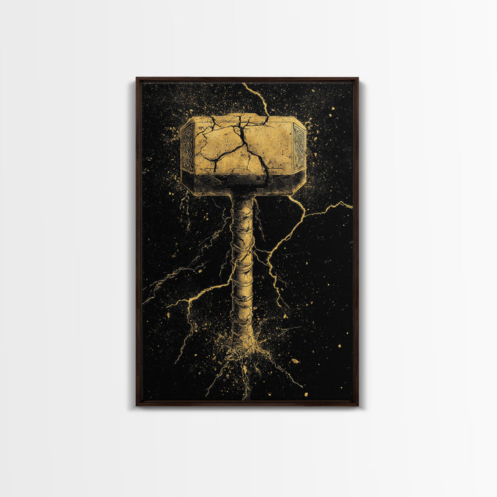 Thor’s Mjolnir Canvas Gold Art, Viking Canvas Art from Norse Mythology, framed in real wood, striking office wall art and man cave gift