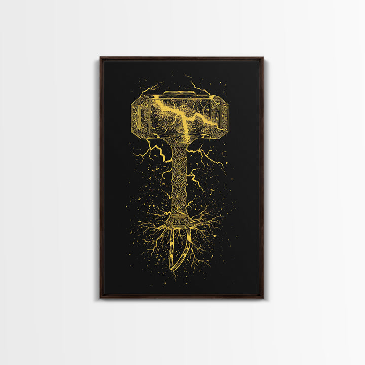 Mjolnir Thor’s Hammer Canvas Gold Art Canvas Art | Norse Viking Mythology Wall Decor | Office or Man Cave framed in wood