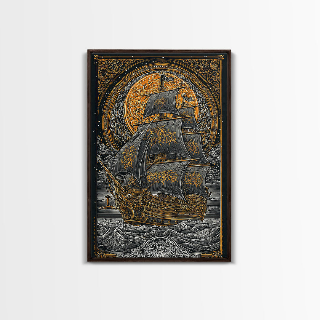 Viking Naglfar Ship Wall Art, Canvas Gold Art and Norse Canvas Art, Nordic Mythology scene framed in real wood for office or dad décor