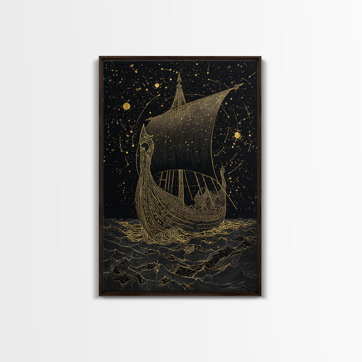 Norse Naglfar Viking Ship Artwork, Canvas Gold Art and Canvas Art, Nordic Mythology wall décor framed in real wood, unique dad gift