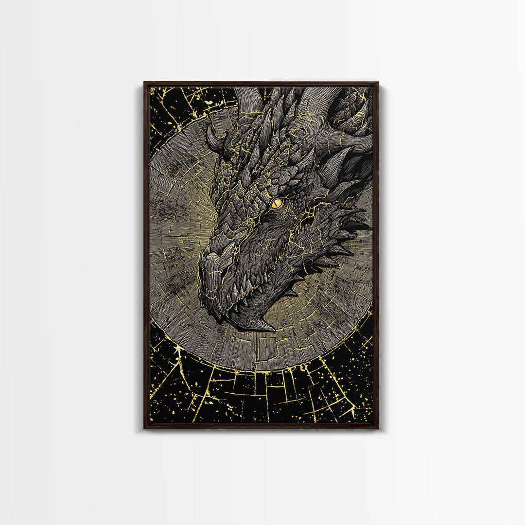 Canvas Gold Art of Nidhogg Dragon Head, Norse Mythology Canvas Art for Man Cave or Office, Viking Wall Decor framed in natural wood