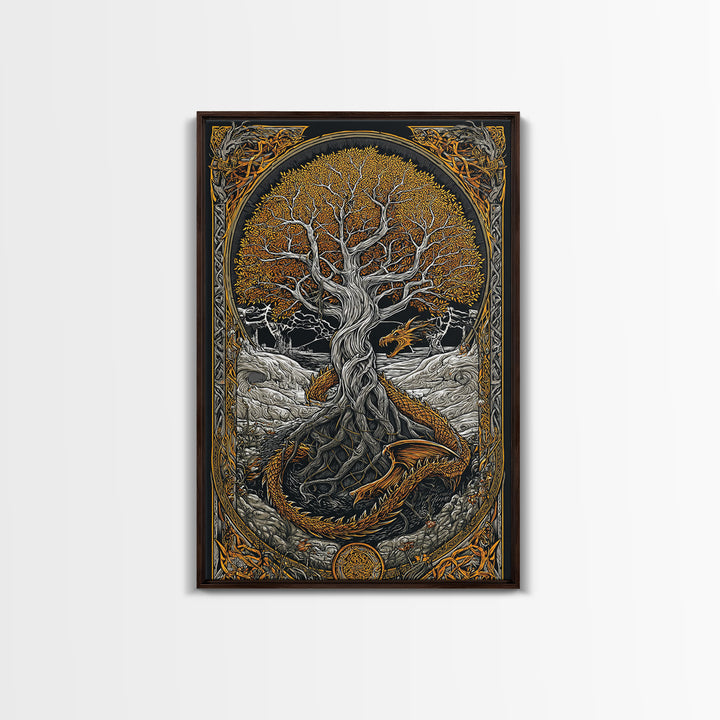 Yggdrasil World Tree Canvas Gold Art, Norse Mythology Canvas Art with Nidhogg Dragon, Viking Wall Decor framed in Real Wood