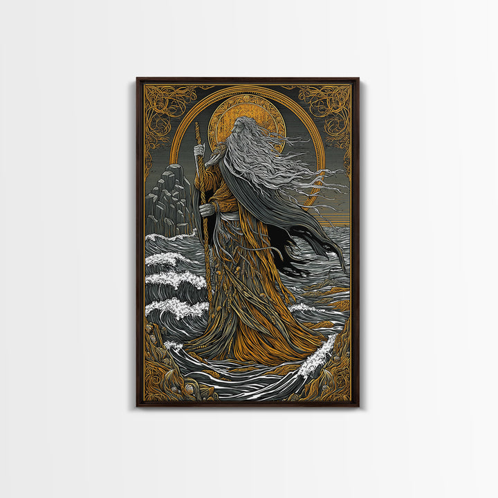 Nordic God Njord Canvas Gold Art, Ocean Deity Norse Mythology Canvas Art for Office Wall or Dad Gift, framed with natural wood
