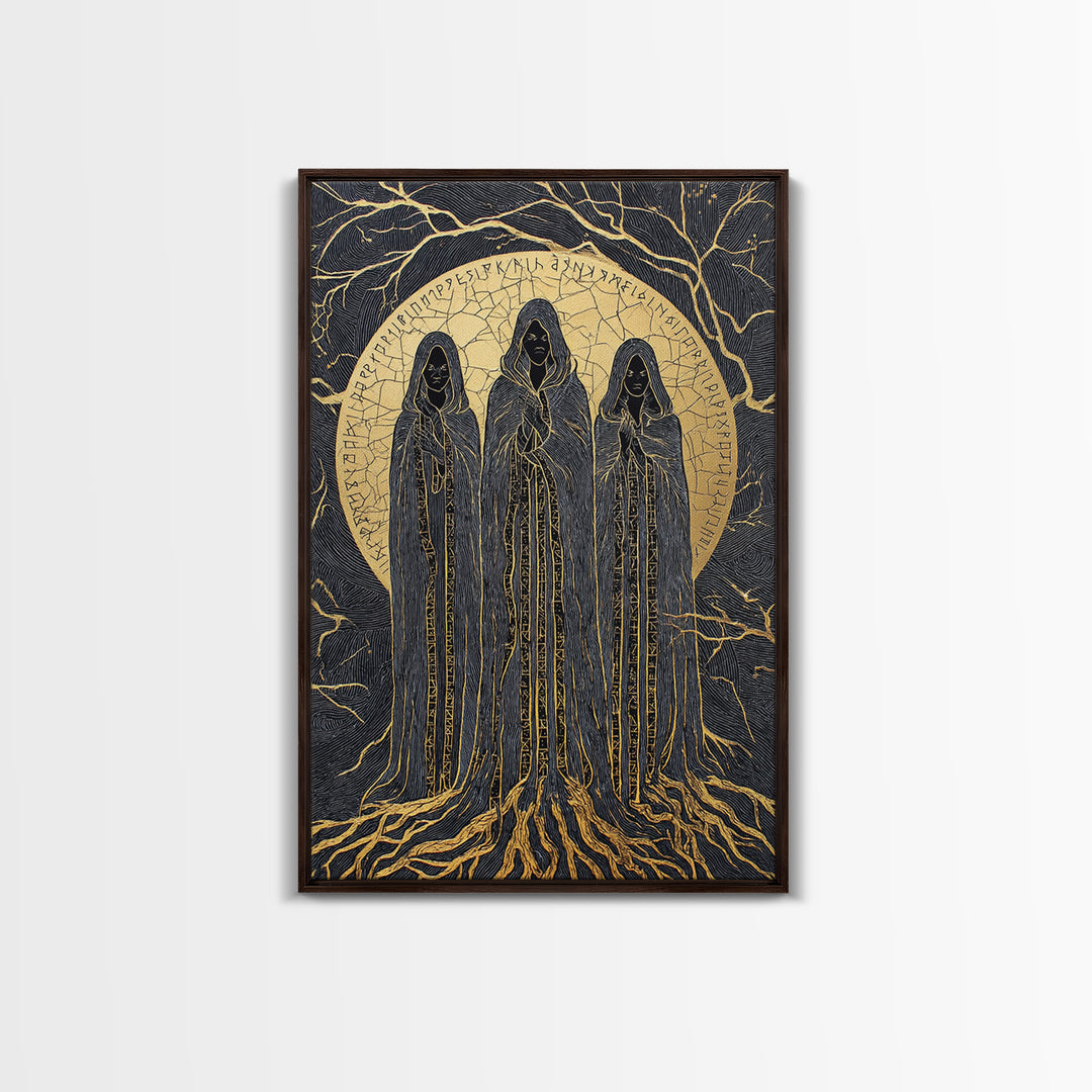 Viking Norns Canvas Gold Art, Nordic Mythology Canvas Art of Fate Goddesses and Runes, Norse Decor framed with natural wood frame