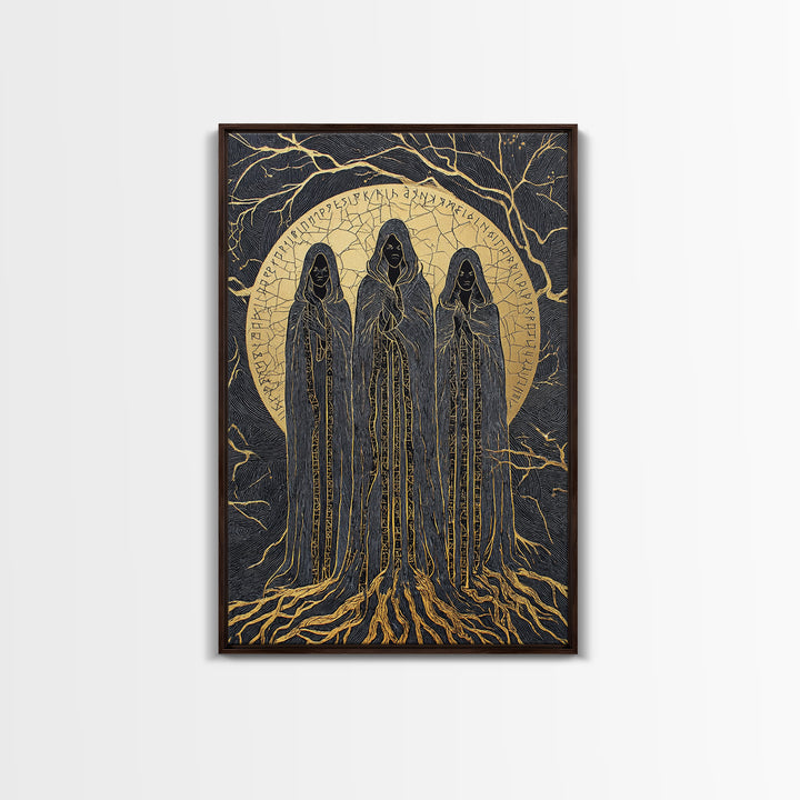 Viking Norns Canvas Gold Art, Nordic Mythology Canvas Art of Fate Goddesses and Runes, Norse Decor framed with natural wood frame
