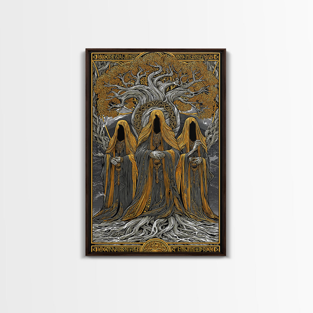 Norns of Yggdrasil Canvas Gold Art, Nordic Mythology Canvas Art featuring Fate and Destiny, Viking Wall Art framed in real wood