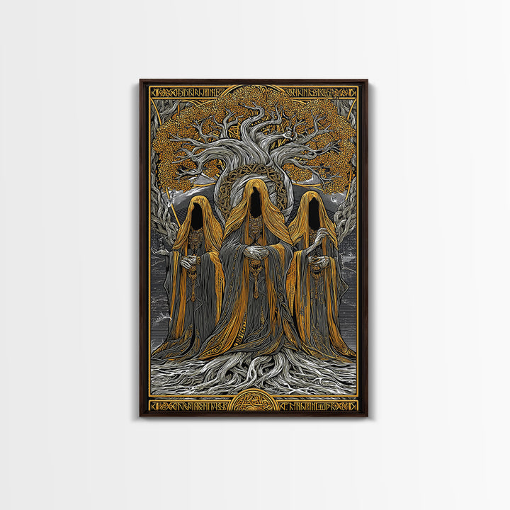 Norns of Yggdrasil Canvas Gold Art, Nordic Mythology Canvas Art featuring Fate and Destiny, Viking Wall Art framed in real wood
